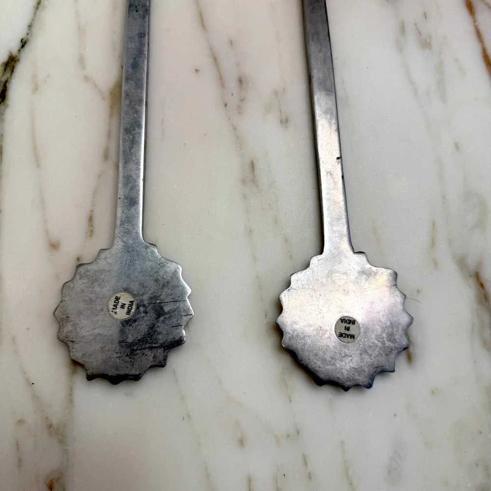 Vintage Indian Pewter Floral Salad Serving Spoon & Fork Set, Made in India